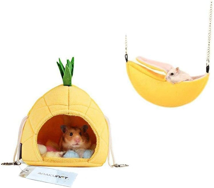 Hamster Bed, Sugar Glider Cage Accessories Hammock, Hamster House Toys for Small Animal Sugar Glider Squirrel Hamster Rat Playing Sleeping (Pineapple) (Pineapple+Banana)