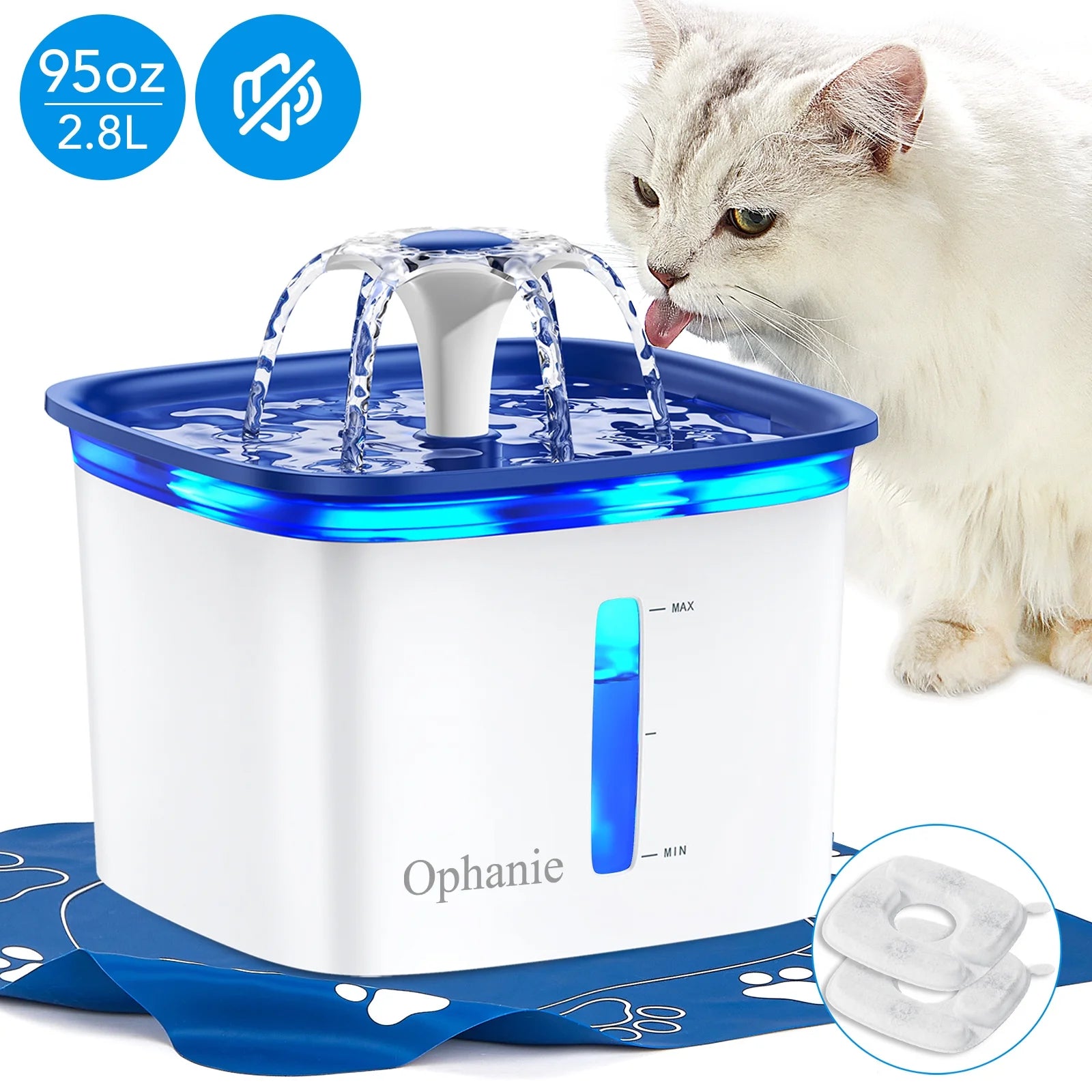 95Oz/2.8L Pet Fountain with Anti-Slip Mat & Replacement Filters, Automatic Cat Water Fountain Dog Water Dispenser, White & Blue