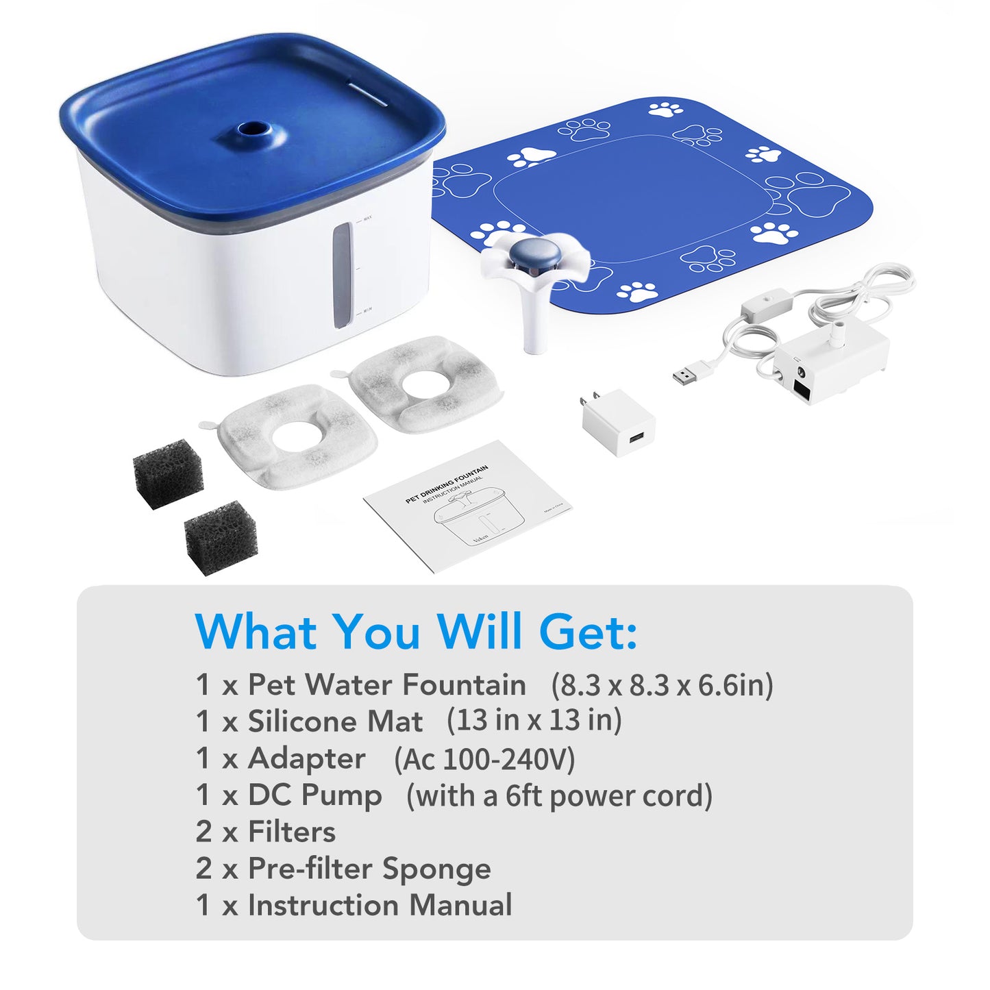 95Oz/2.8L Pet Fountain with Anti-Slip Mat & Replacement Filters, Automatic Cat Water Fountain Dog Water Dispenser, White & Blue