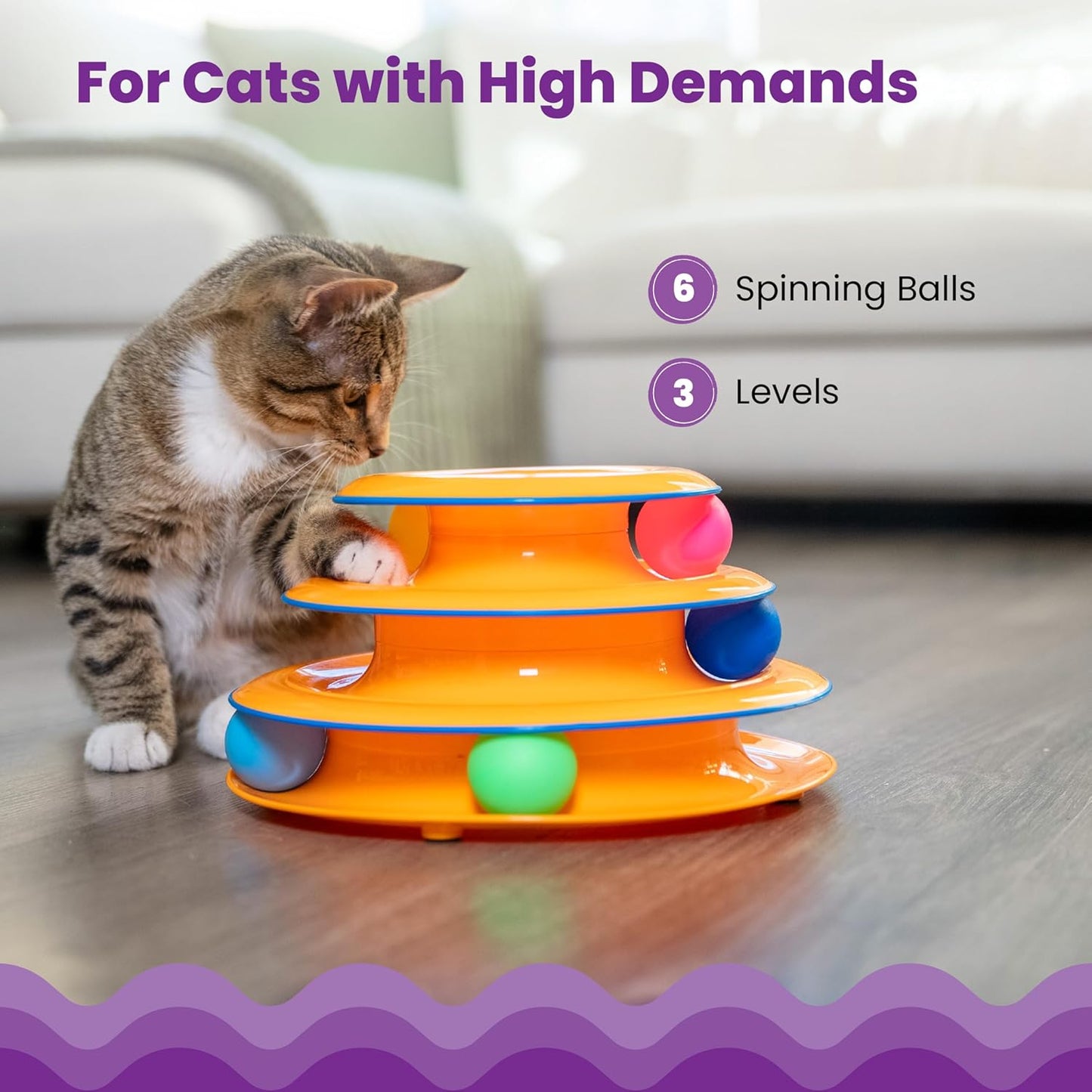 Tower of Tracks 3-Level Cat Track Toy with 6 Balls, Interactive Toy for Indoor Cats, Orange
